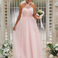 A-Line/Princess Tulle Ruffles Halter Sleeveless Floor-Length Bridesmaid Dresses DEP0004966