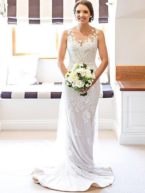 Sheath/Column Scoop Applique Sleeveless Lace Court Train Wedding Dresses DEP0006572