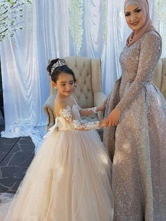 Ball Gown Long Sleeves Off-the-Shoulder Sweep/Brush Train Applique Tulle Flower Girl Dresses DEP0007572