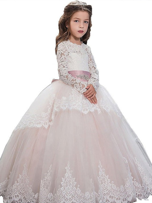 Ball Gown Jewel Long Sleeves Lace Floor-Length Tulle Flower Girl Dresses DEP0007626