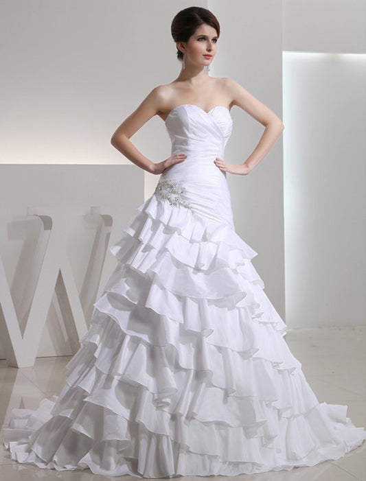 A-Line/Princess Beading Sweetheart Sleeveless Long Taffeta Wedding Dresses DEP0006975