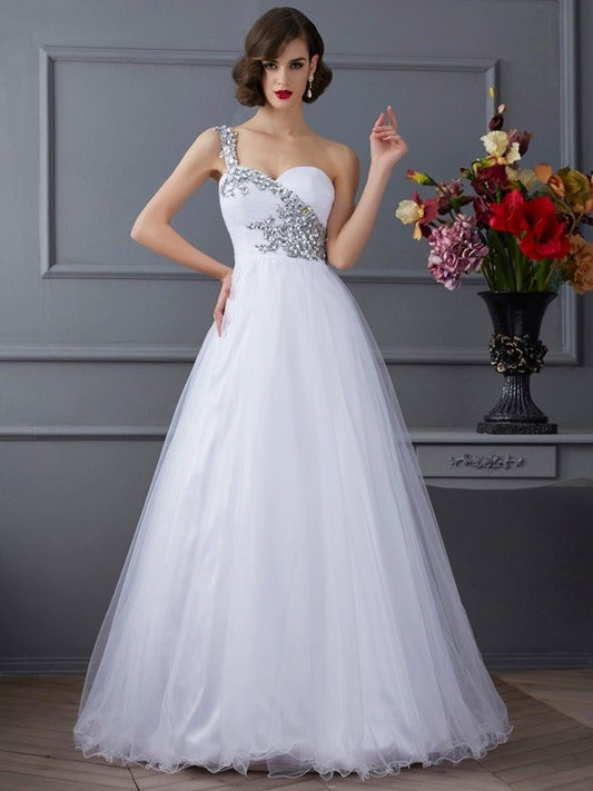 Ball Gown One-Shoulder Sleeveless Beading Long Elastic Woven Satin Quinceanera Dresses DEP0009088