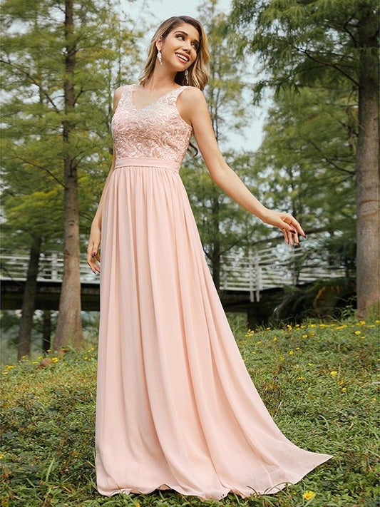 A-Line/Princess Chiffon Lace V-neck Sleeveless Floor-Length Bridesmaid Dresses DEP0004989