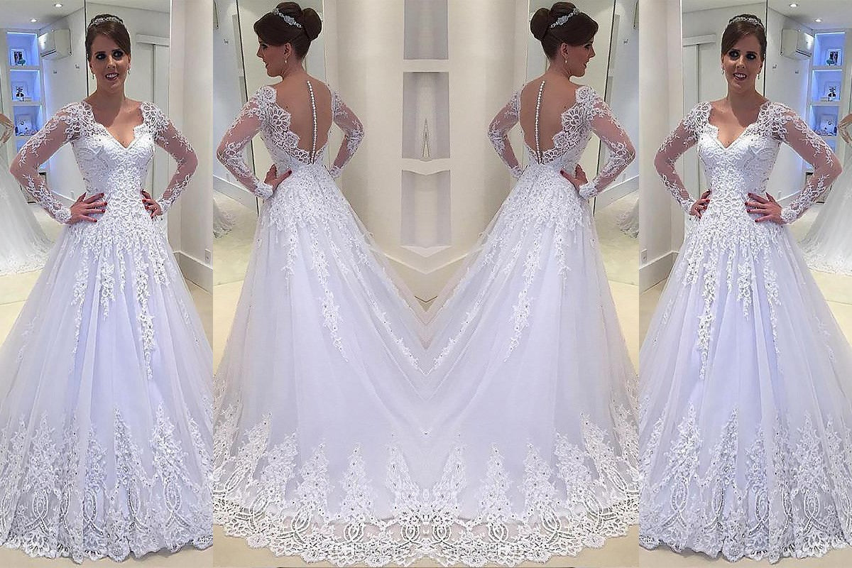 A-Line/Princess Applique V-neck Court Train Tulle Long Sleeves Wedding Dresses DEP0006170