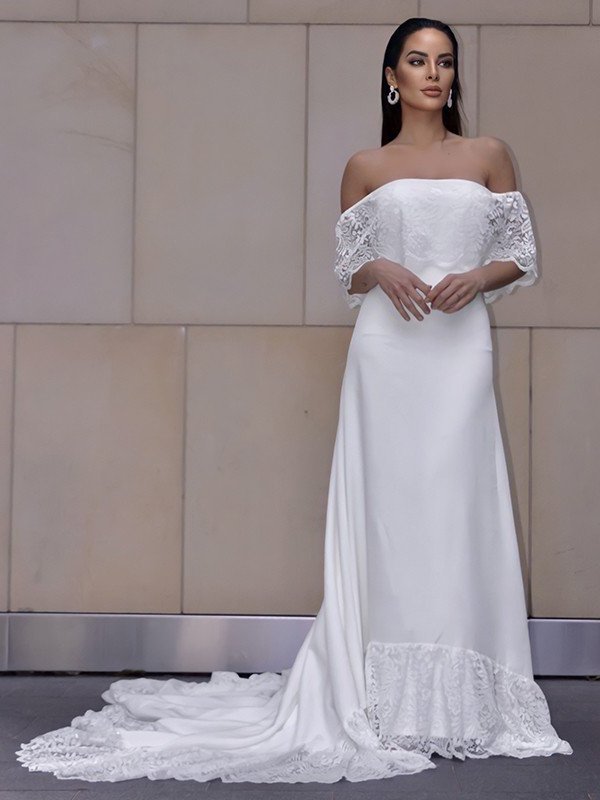Sheath/Column Lace Ruffles Off-the-Shoulder Short Sleeves Sweep/Brush Train Wedding Dresses DEP0006510