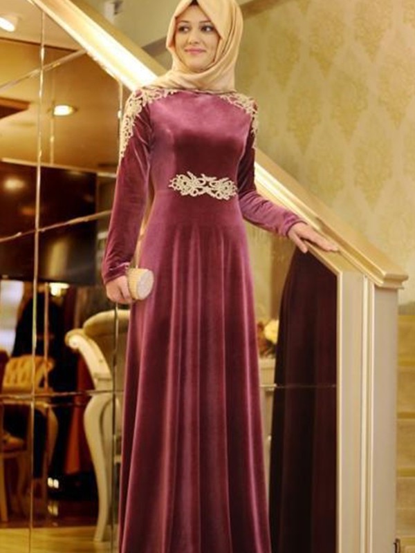 A-Line/Princess Long Sleeves Scoop Floor-Length Ruffles Velvet Muslim Dresses DEP0004467