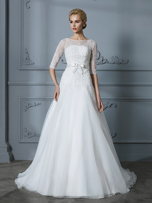 A-Line/Princess 1/2 Sleeves Scoop Lace Court Train Tulle Wedding Dresses DEP0006509