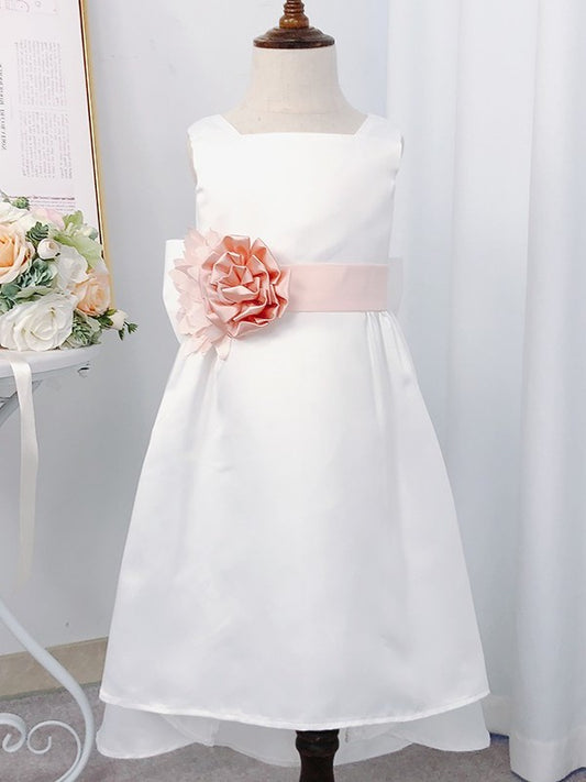 A-Line/Princess Satin Hand-Made Flower Square Sleeveless Tea-Length Flower Girl Dresses DEP0007938