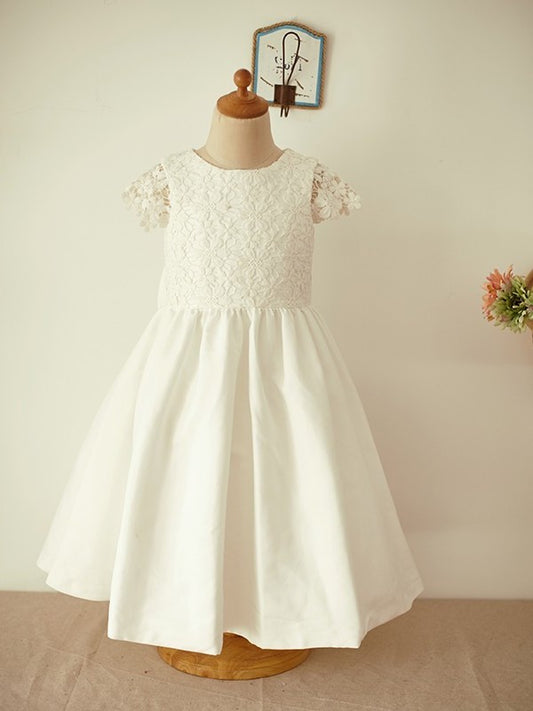 A-Line/Princess Lace Short Sleeves Scoop Bowknot Knee-Length Flower Girl Dresses DEP0007931
