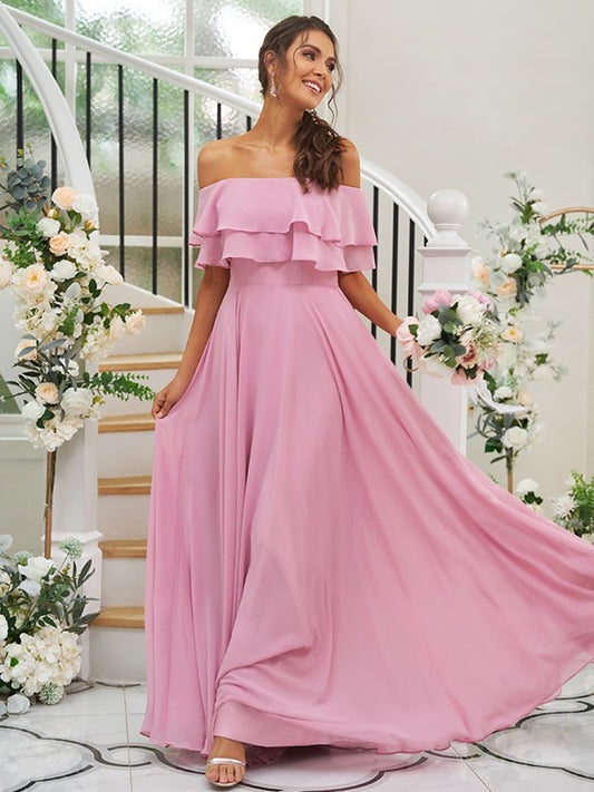 A-Line/Princess Chiffon Ruffles Off-the-Shoulder Sleeveless Floor-Length Bridesmaid Dresses DEP0004914