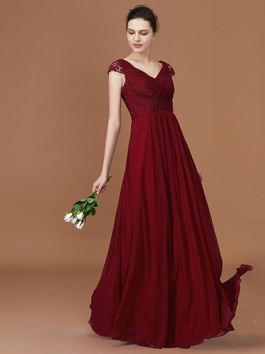 A-Line/Princess Lace Short Sleeves Chiffon Ruched V-neck Floor-Length Bridesmaid Dresses DEP0005649