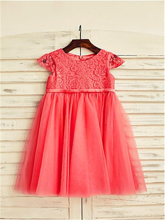 A-line/Princess Scoop Short Sleeves Lace Tea-Length Tulle Flower Girl Dresses DEP0007881