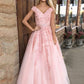 A-Line/Princess V-Neck Sleeveless Floor-Length Applique Tulle Dresses DEP0002201