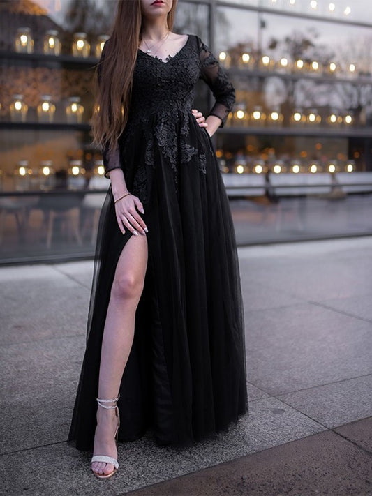 Ball Gown Tulle Long Sleeves Applique Off-the-Shoulder Floor-Length Dresses DEP0001473