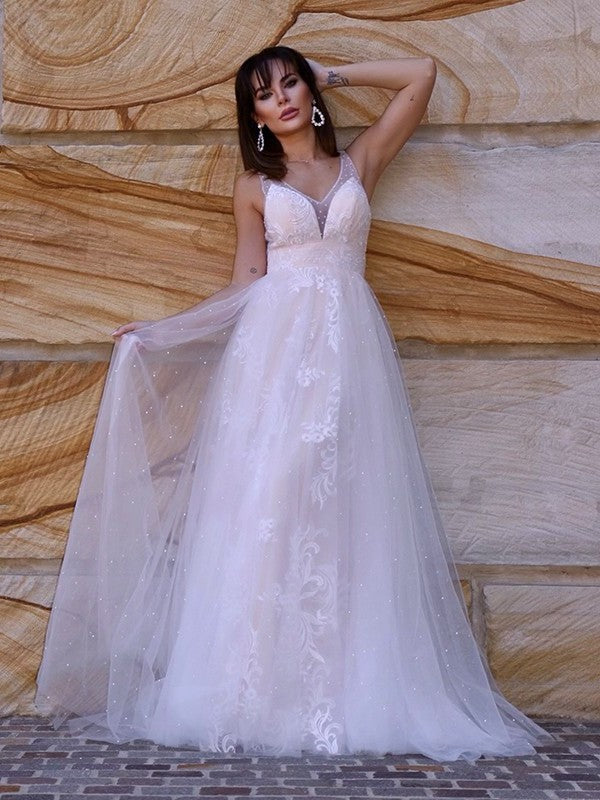 A-Line/Princess Lace Applique V-neck Sleeveless Sweep/Brush Train Wedding Dresses DEP0006061