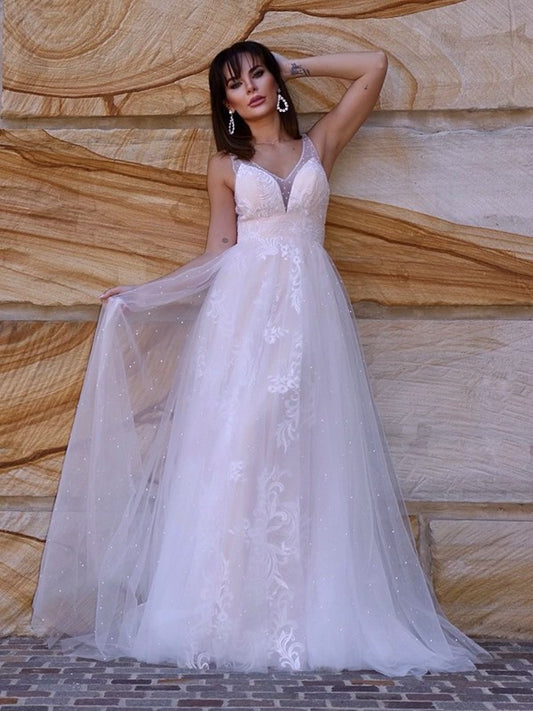 A-Line/Princess Lace Applique V-neck Sleeveless Sweep/Brush Train Wedding Dresses DEP0006061