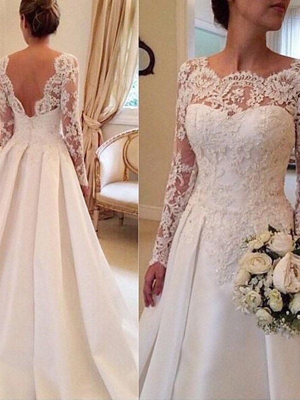 Ball Gown Scoop Long Sleeves Lace Court Train Satin Wedding Dresses DEP0006053
