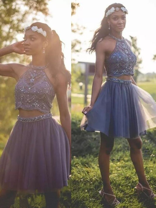 A-Line Halter Cut Short With Beading Tulle Silver Homecoming Dresses DEP0008565