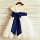 A-line/Princess Scoop Short Sleeves Bowknot Tea-Length Tulle Flower Girl Dresses DEP0007878