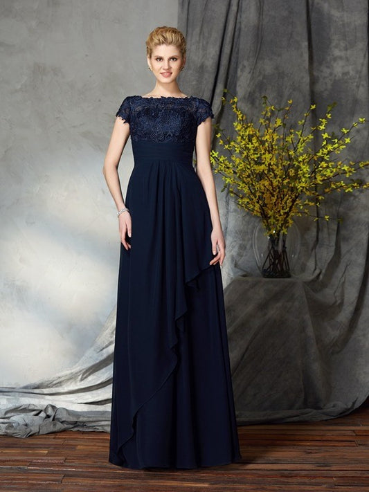 A-Line/Princess Bateau Applique Short Sleeves Long Chiffon Mother of the Bride Dresses DEP0007264