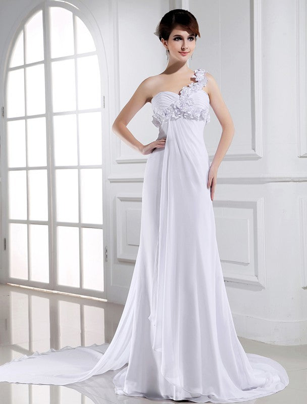 A-Line/Princess One-shoulder Beading Hand-made Flower Sleeveless Chiffon Wedding Dresses DEP0006896