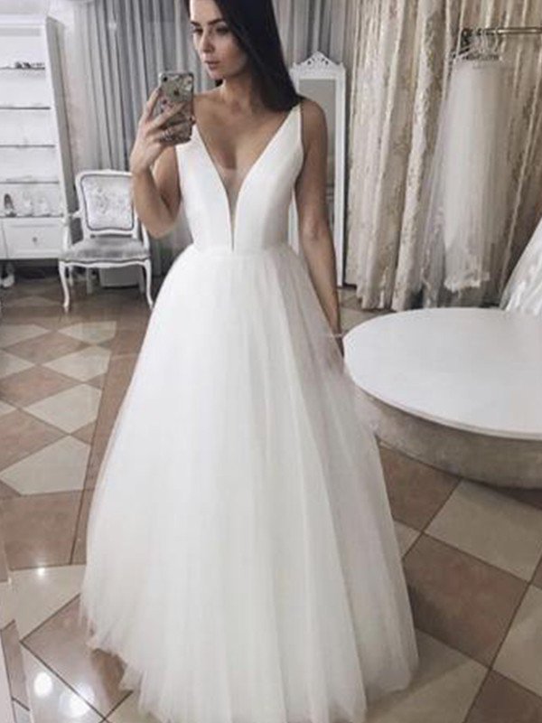 A-Line/Princess Tulle Ruffles V-neck Sleeveless Floor-Length Wedding Dresses DEP0006782