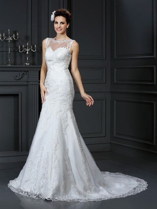 Sheath/Column Bateau Lace Sleeveless Long Satin Wedding Dresses DEP0006256