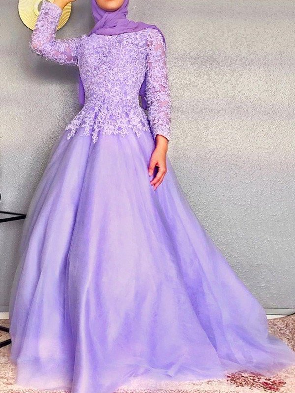 Ball Gown Long Sleeves Lace Tulle Jewel Floor-Length Dresses DEP0004505