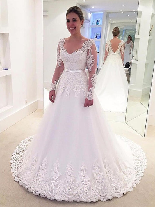 A-Line/Princess V-neck Applique Lace Long Sleeves Tulle Sweep/Brush Train Wedding Dresses DEP0006605