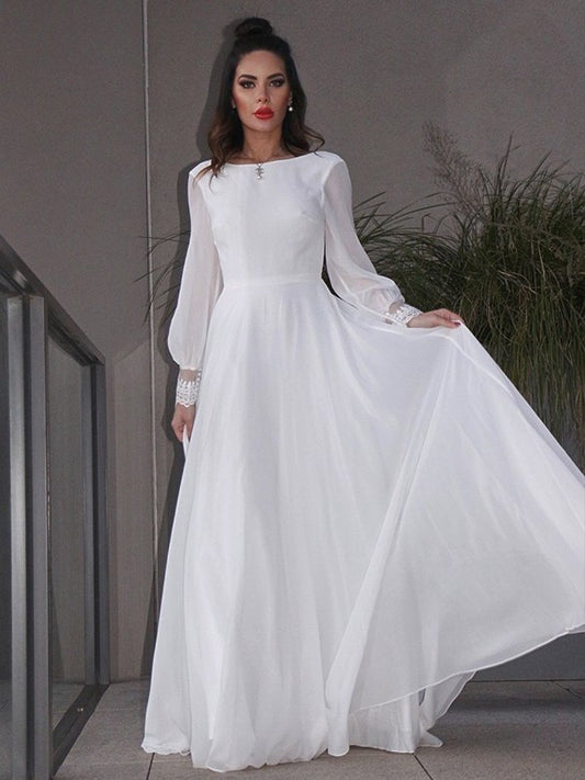 A-Line/Princess Chiffon Ruffles Long Sleeves Scoop Sweep/Brush Train Wedding Dresses DEP0006511