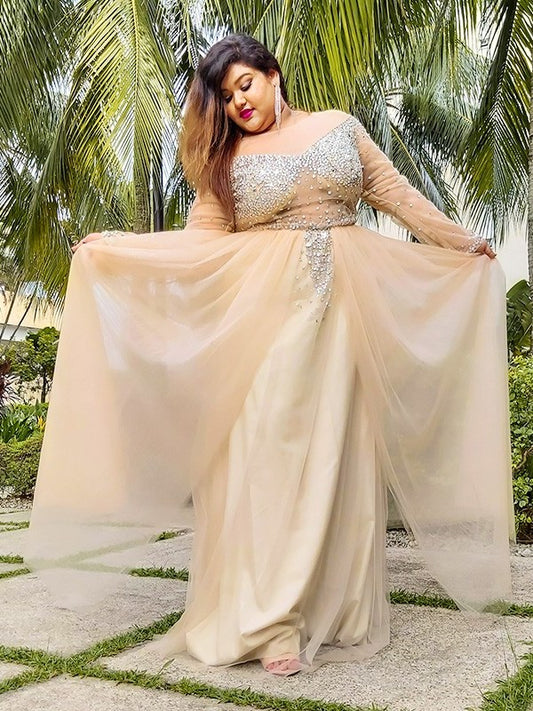 Ball Gown Tulle Long Sleeves Off-the-Shoulder Sequin Floor-Length Plus Size Dresses DEP0004597