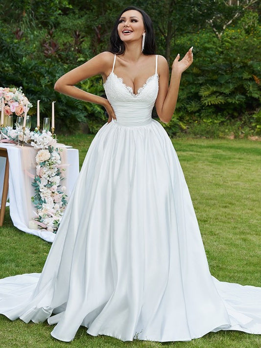 Ball Gown Lace Ruffles V-neck Sleeveless Sweep/Brush Train Wedding Dresses DEP0005959