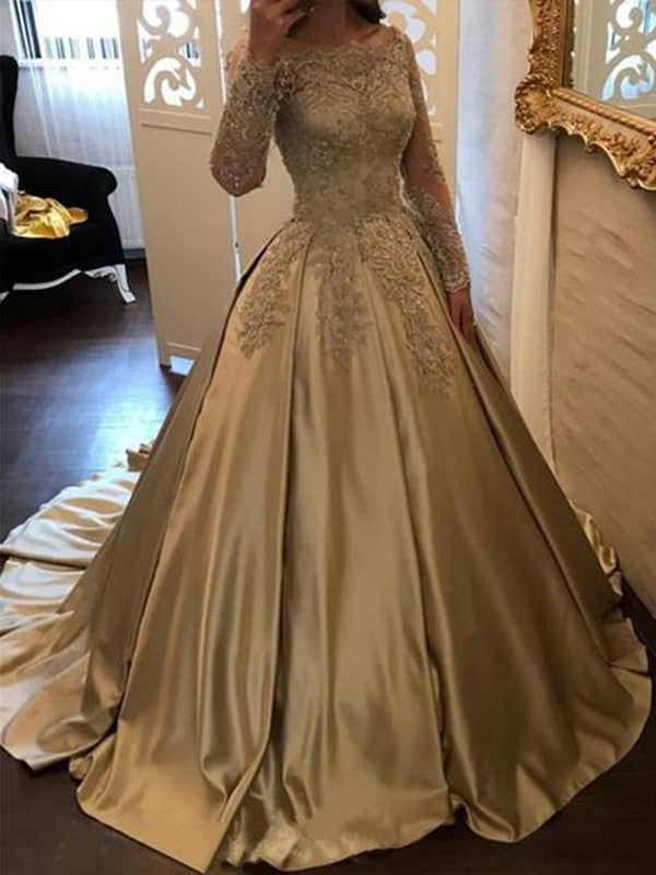 Ball Gown Long Sleeves Off-the-Shoulder Sweep/Brush Train Applique Satin Dresses DEP0001537
