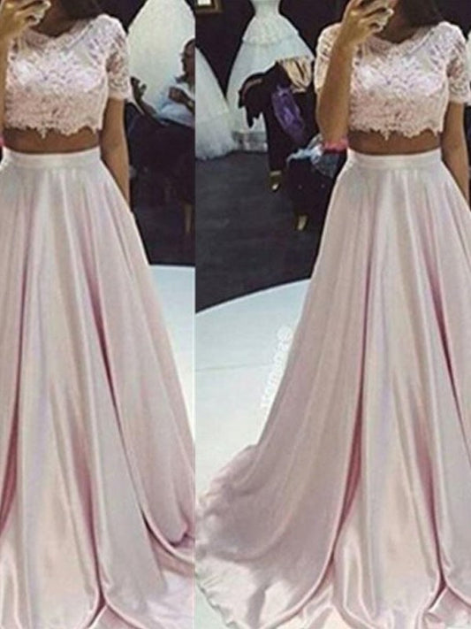 A-Line/Princess Sleeveless Scoop Floor-Length Lace Silk like Satin Two Piece Dresses DEP0002420