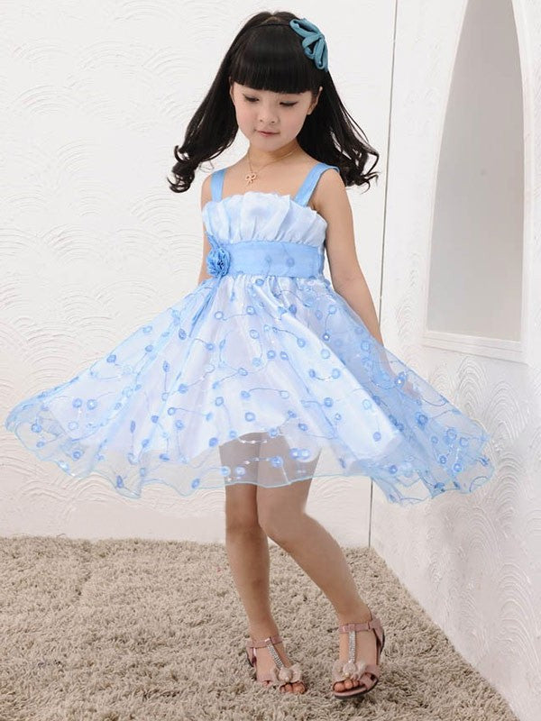 A-line/Princess Straps Sleeveless Hand-made Flower Short Tulle Flower Girl Dresses DEP0007811