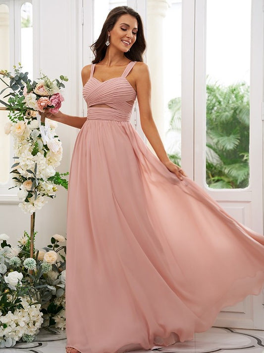 A-Line/Princess Chiffon Ruched Straps Sleeveless Floor-Length Bridesmaid Dresses DEP0004915