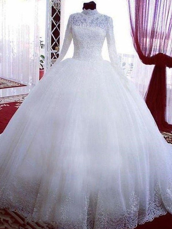 Ball Gown Lace Tulle High Neck Long Sleeves Chapel Train Wedding Dresses DEP0006420