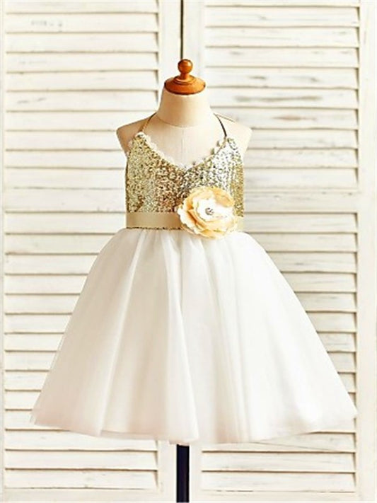 A-line/Princess Halter Sleeveless Tea-Length Sequin Tulle Flower Girl Dresses DEP0007786
