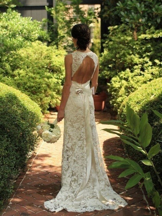 Sheath/Column Sleeveless Lace V-neck Sweep/Brush Train Wedding Dresses DEP0006052
