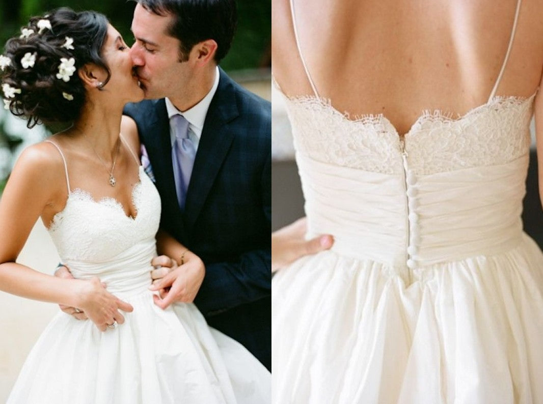 A-Line/Princess Spaghetti Straps Sleeveless Floor-Length Lace Satin Wedding Dresses DEP0006629