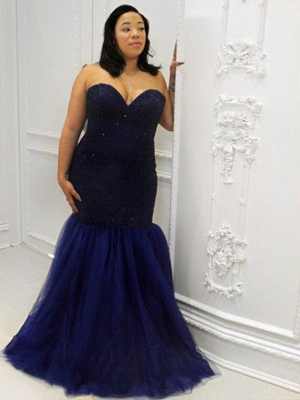 Trumpet/Mermaid Sweetheart Sleeveless Sequin Floor-Length Tulle Plus Size Dresses DEP0002440