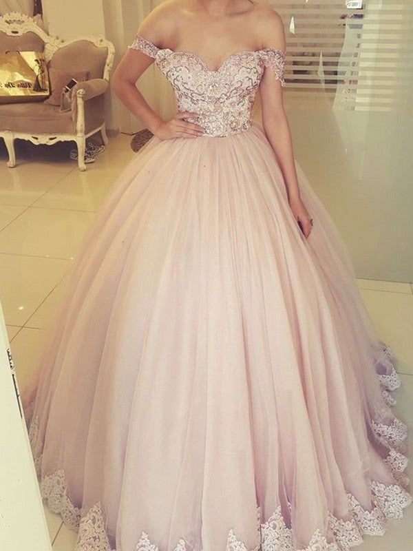 Ball Gown Off-the-Shoulder Floor-Length Sleeveless Tulle Applique Dresses DEP0002814