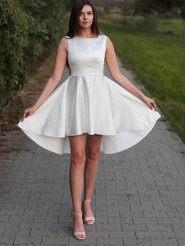 A-Line/Princess Satin Ruffles Jewel Sleeveless Short/Mini Homecoming Dresses DEP0004641