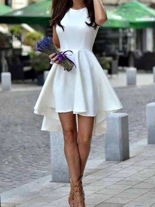 A-Line Jewel Cut Short With Ruffles Satin White Homecoming Dresses DEP0008222