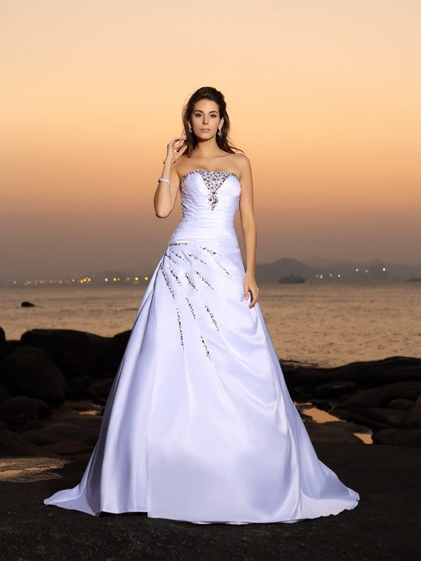 A-Line/Princess Strapless Beading Sleeveless Long Satin Beach Wedding Dresses DEP0006291