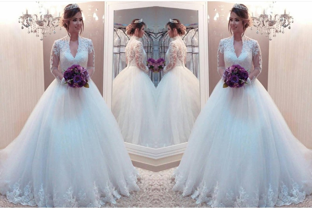 Ball Gown Tulle Applique High Neck Long Sleeves Sweep/Brush Train Wedding Dresses DEP0006757