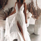 A-Line/Princess Lace Ruffles V-neck Sleeveless Sweep/Brush Train Wedding Dresses DEP0005946