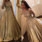 Ball Gown Long Sleeves Off-the-Shoulder Sweep/Brush Train Applique Satin Dresses DEP0001537