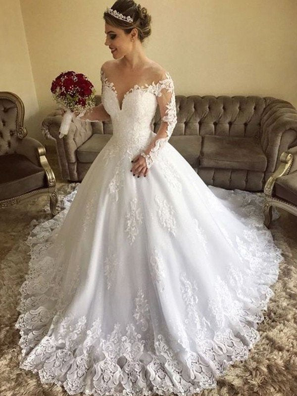Ball Gown Off-the-Shoulder Long Sleeves Sweep/Brush Train Lace Tulle Wedding Dresses DEP0006406