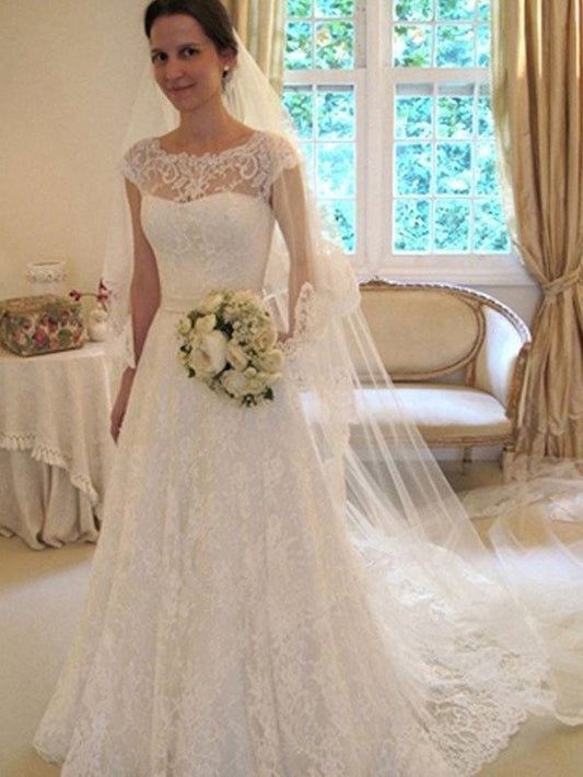 A-Line/Princess Scoop Sleeveless Sweep/Brush Train Lace Tulle Wedding Dresses DEP0006762
